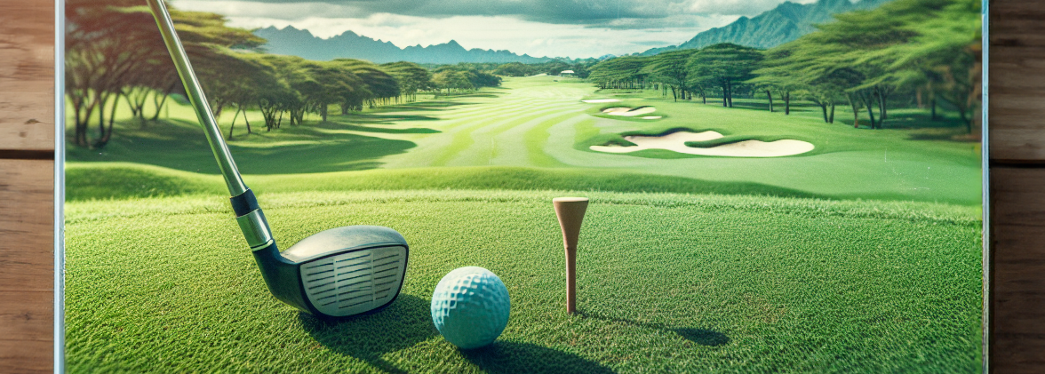 Golf club, golf ball and golf tee with a course in the background